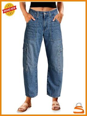 High Waisted Baggy Cargo Barrel Jeans with 6 Pockets